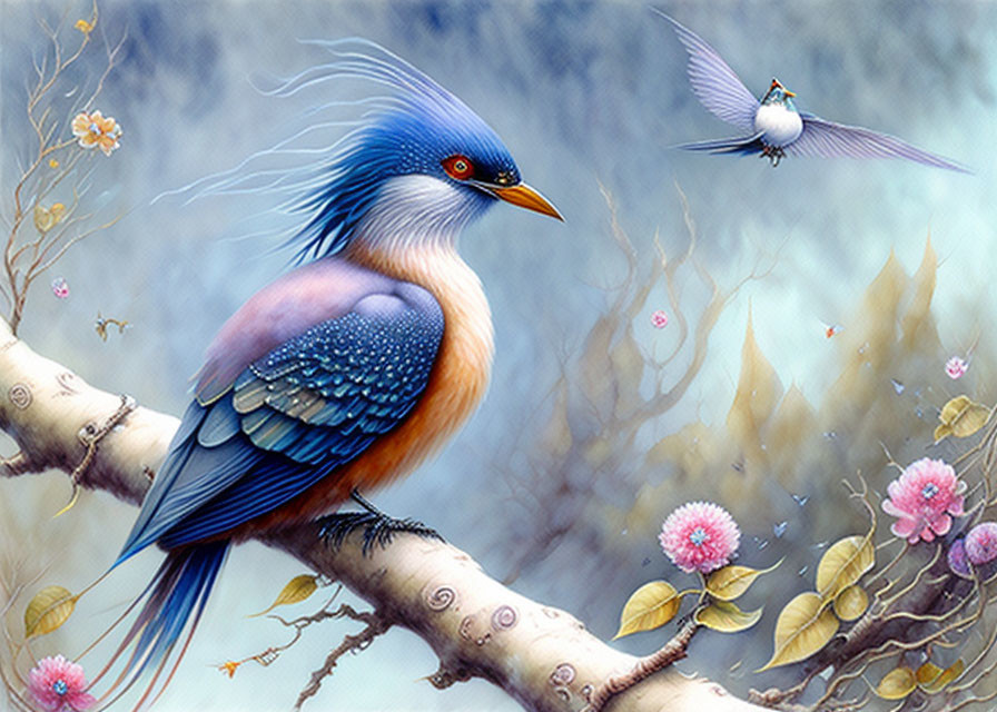 Colorful mythical bird perched with cherry blossoms in misty background