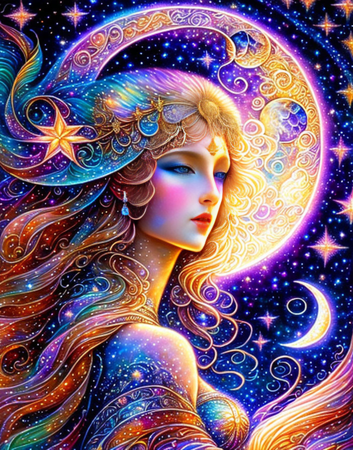 Digital artwork: Woman with flowing hair and cosmic patterns, stars, moons, radiant colors.