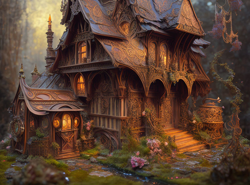 Fantasy house with ornate wooden structures in mystical forest