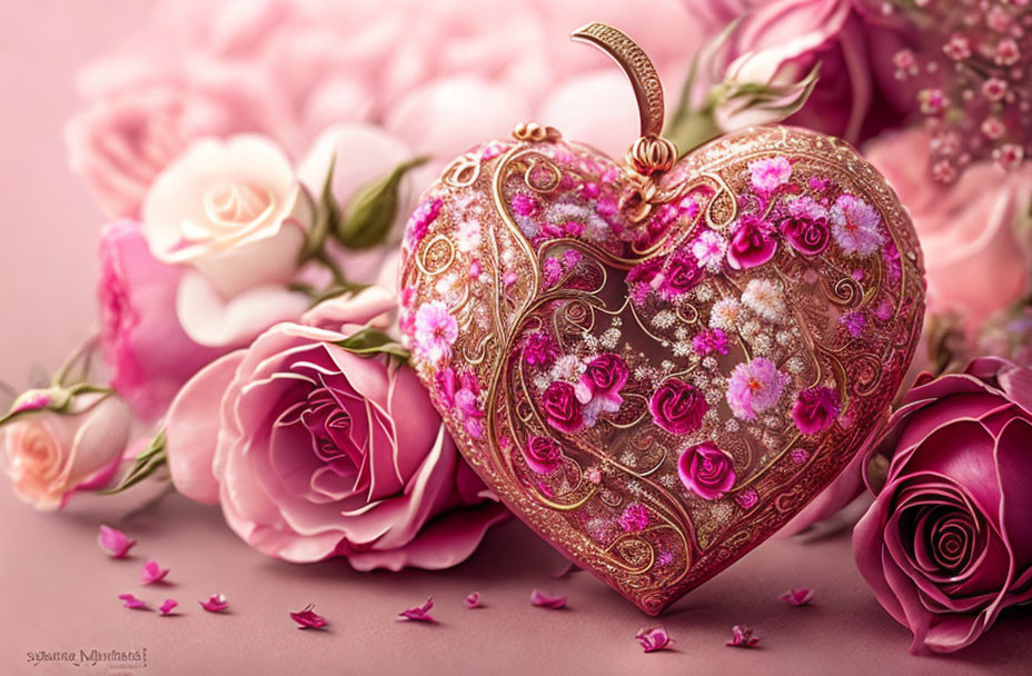 Intricate gold and pink heart with roses on pink background