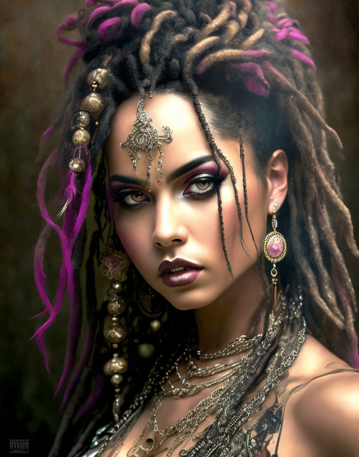 Embellished dreadlocks, facial jewelry, intense makeup woman portrait