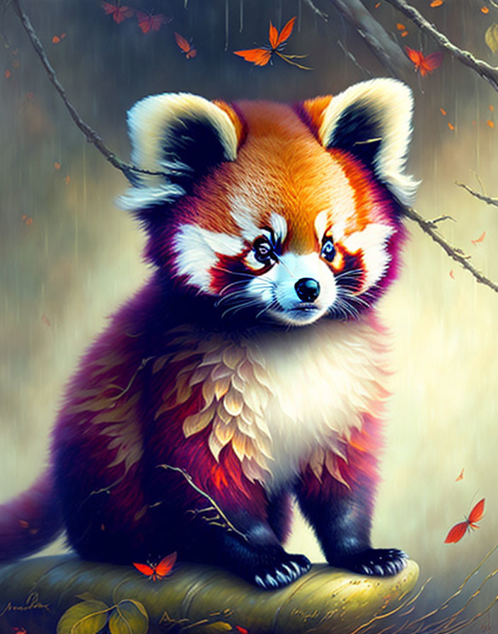 Colorful Red Panda Illustration Among Falling Leaves in Dreamy Forest