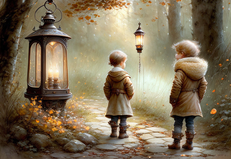 Children in mystical autumn forest with glowing lantern