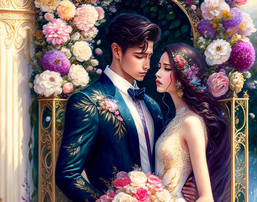 Romantic couple in elegant attire with foreheads touching amidst lush floral decorations