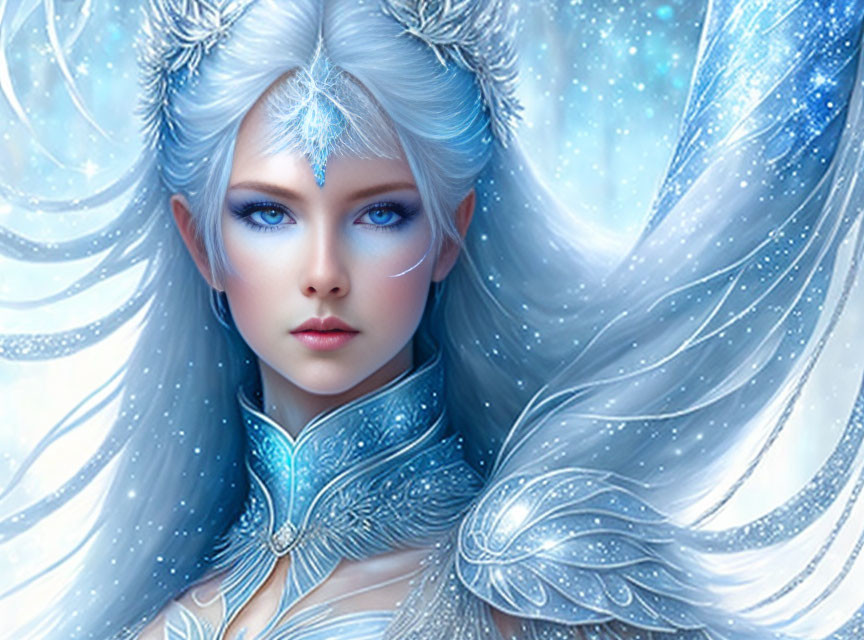 Ethereal woman with pale blue skin and icy crystals