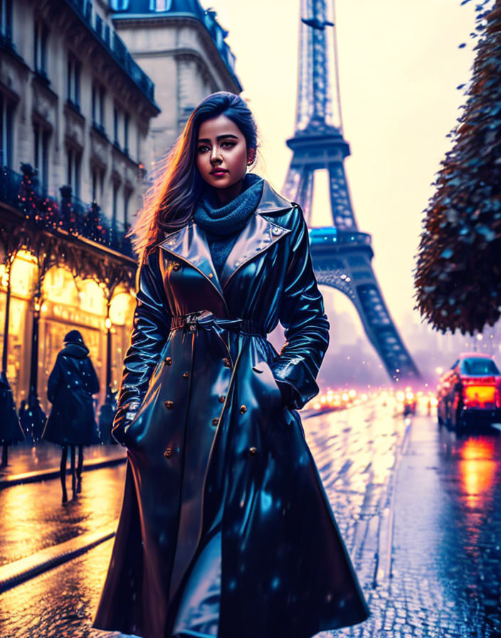 Fashionable woman in glossy trench coat on wet Paris street with Eiffel Tower.