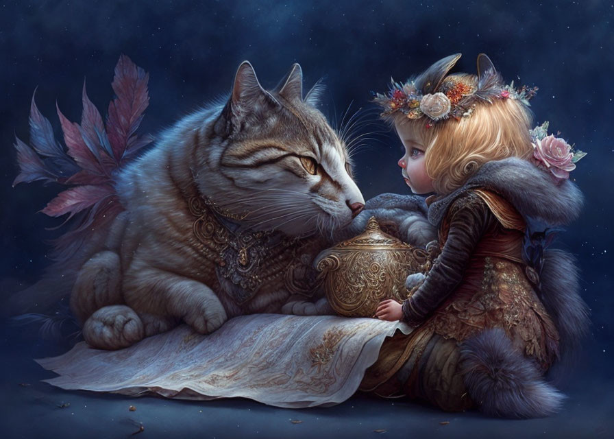 Whimsical artwork of large cat and child in medieval clothing with mysterious pot