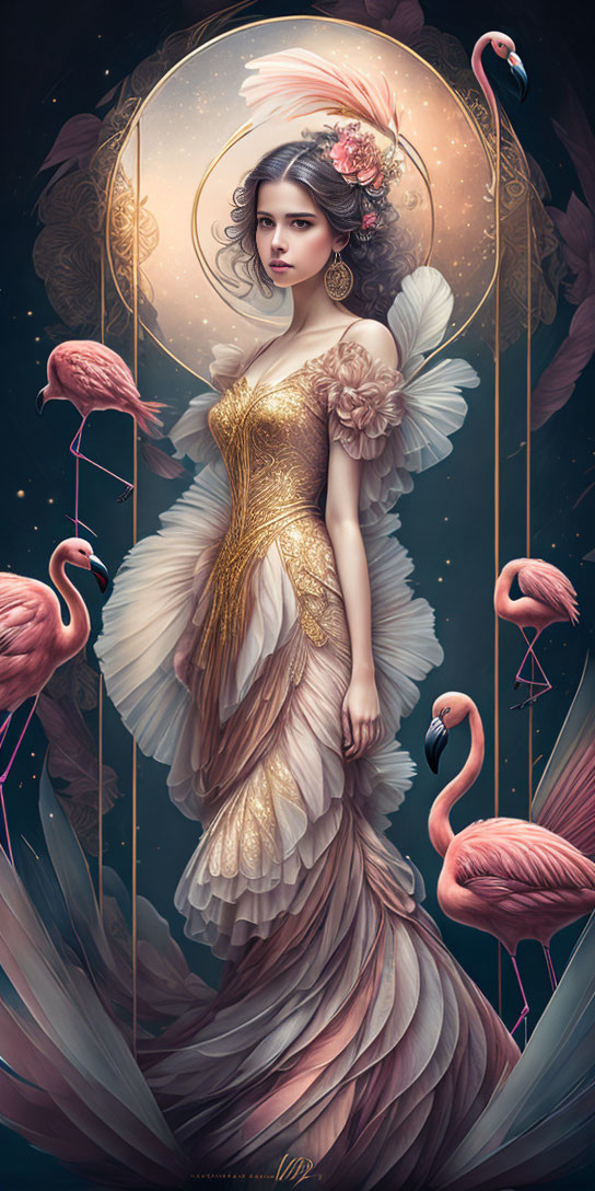 Illustrated woman in golden gown surrounded by flamingos in decorative setting