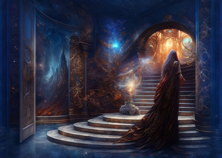 Cloaked figure at base of ornate spiral staircase in cosmic-themed room