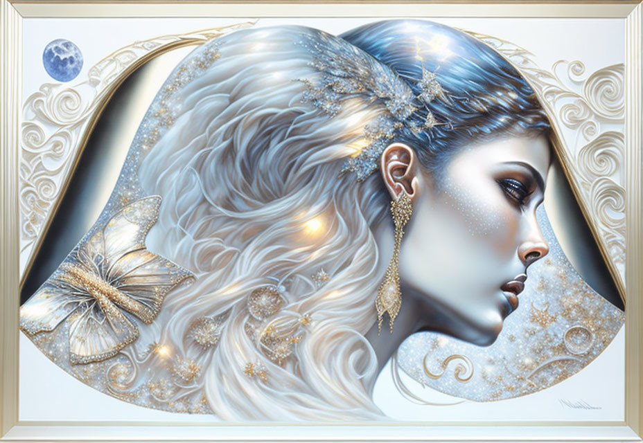 Fantasy illustration of woman with blue & white hair, gold jewelry, butterflies, moon & celestial background