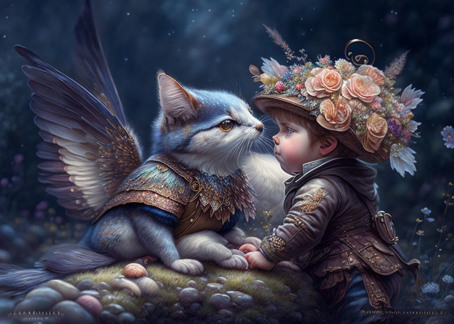 Child in floral hat meets winged armored cat in enchanted forest