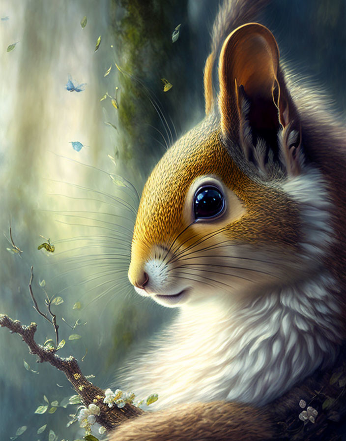 Detailed illustration of squirrel with bright eyes, surrounded by butterflies and sunlight.