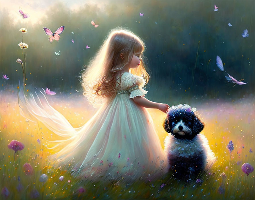 Young girl in flowing dress with small dog in sunlit meadow among butterflies