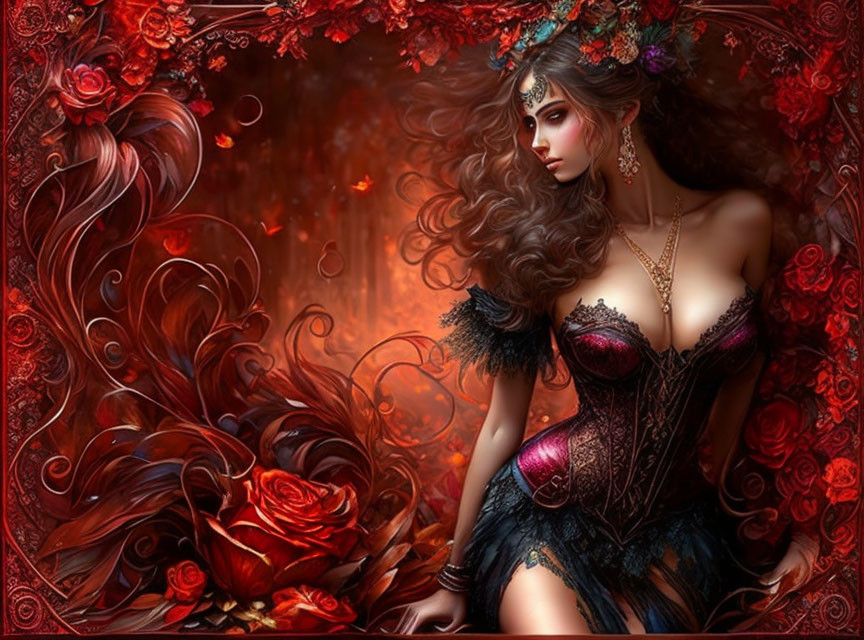 Illustration of woman with floral hair, dark corset, surrounded by red roses on mystical background