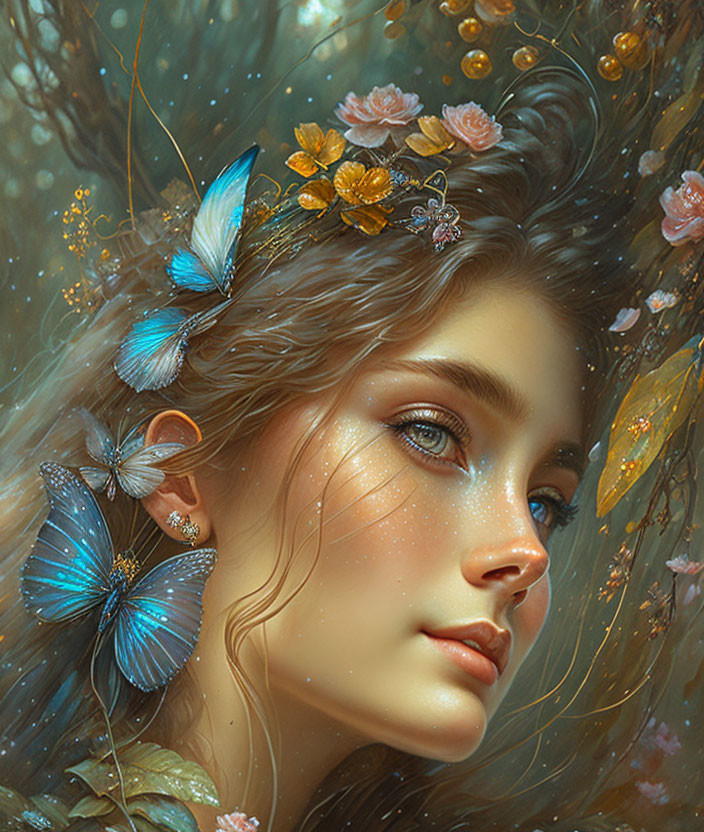 Woman with Flowers and Butterflies in Magical Glow