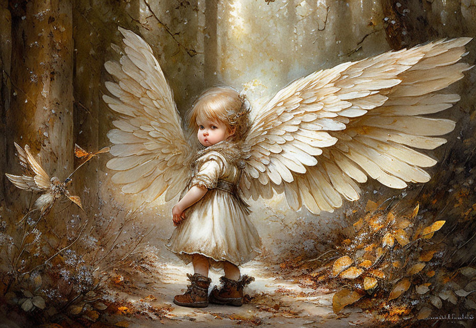 Child with angel wings in sunlit forest with bird, autumn leaves