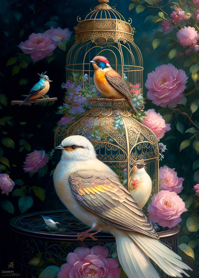 Gold Birdcage with Pink Roses, Bluebird, and Two Birds in Nature Setting