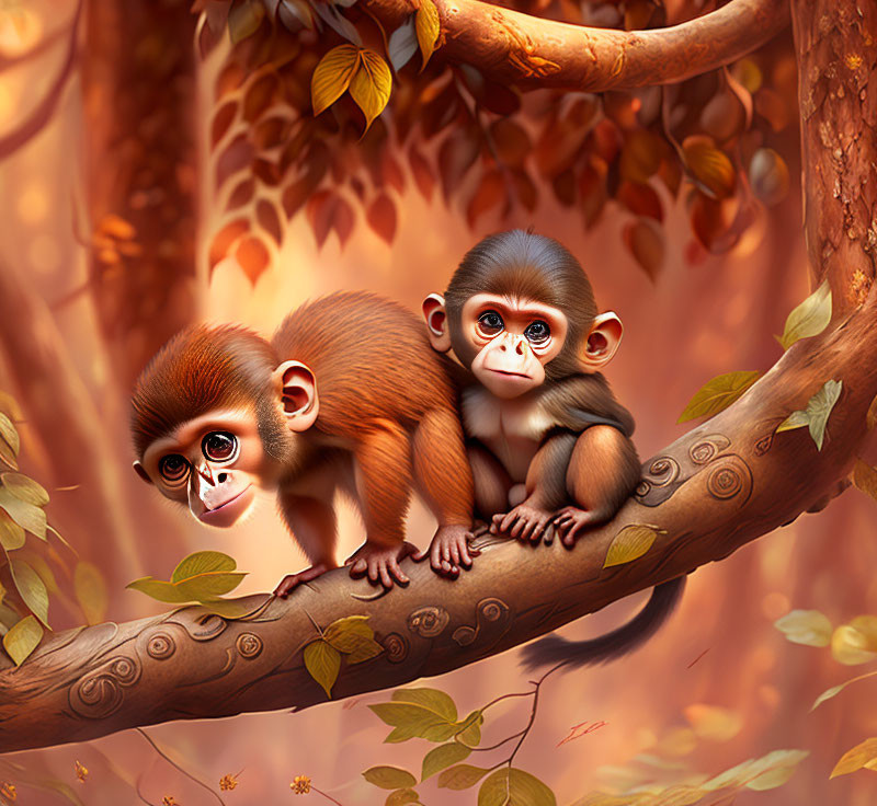 Cartoon Monkeys on Tree Branch with Autumn Leaves