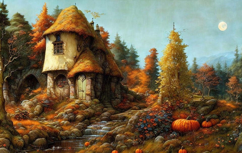 Thatched cottage in autumnal setting with pumpkins and moon