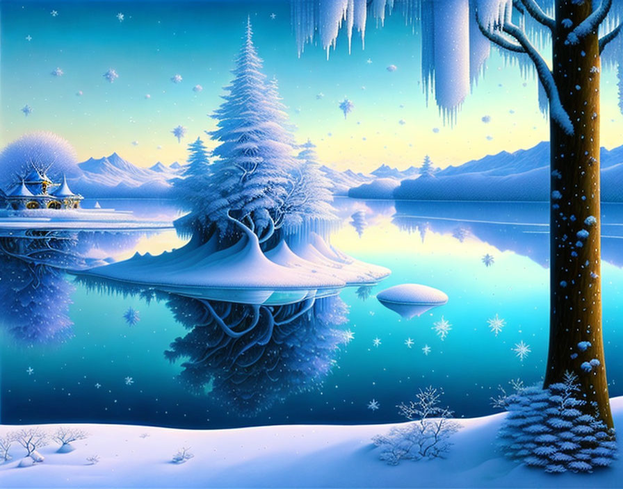 Snow-covered trees, icicles, calm lake in serene winter landscape