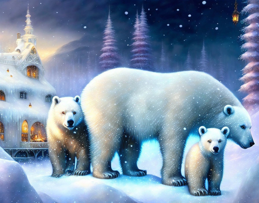 Polar Bears Family in Snowy Landscape with Castle at Twilight