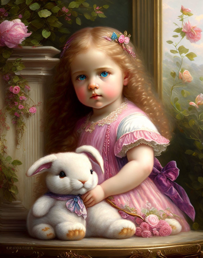 Realistic painting of young girl with wavy hair holding plush bunny among pink roses