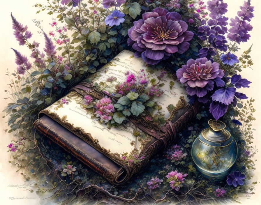 Vintage book with purple flowers, inkwell, and quill pen in serene setting