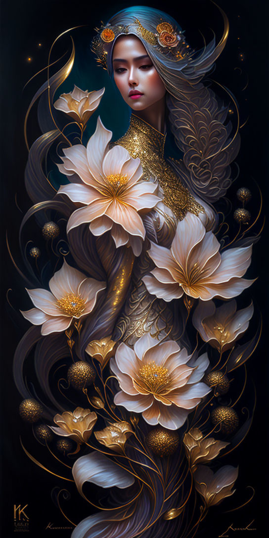 Stylized portrait of woman with golden floral motifs on dark background