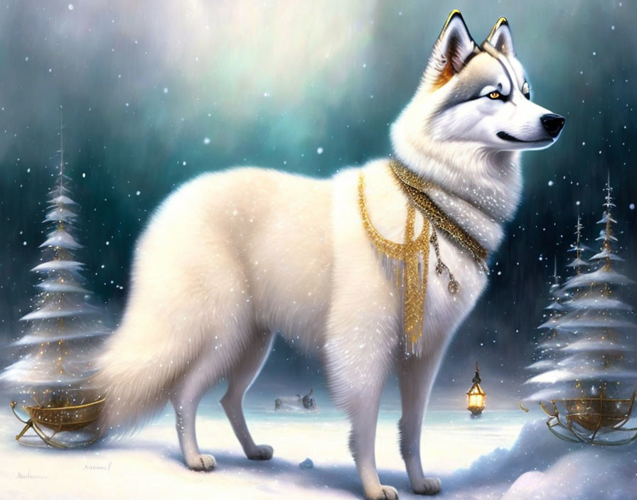 White Husky with Blue Eyes in Snowy Landscape with Golden Accessories