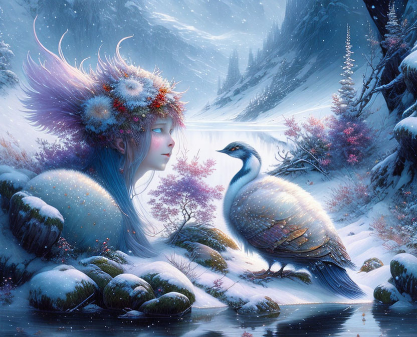 Fantasy illustration of woman with floral and feather adornments in snowy landscape