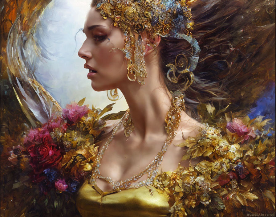 Woman's profile portrait with gold jewelry and colorful flower swirl in painted style