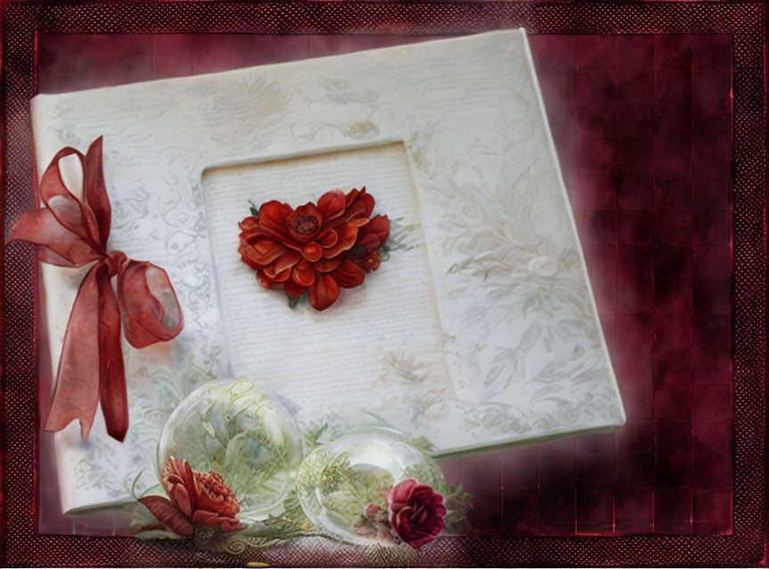 Ornate photo album with heart-shaped floral decoration on burgundy background