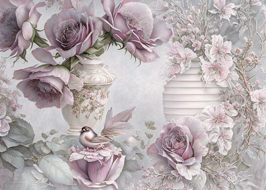 Tranquil art: white vases, pink and purple flowers, bird, floral backdrop