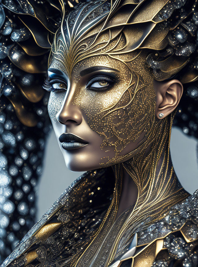 Detailed digital artwork of a woman with golden headgear and makeup, elegant patterns, and confident gaze.