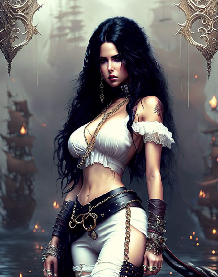 Gothic fantasy female character in white top with chains, leather accessories, misty ship backdrop