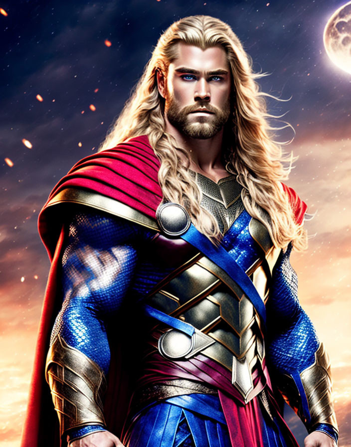 Muscular blond character in red cape and armor on cosmic background.