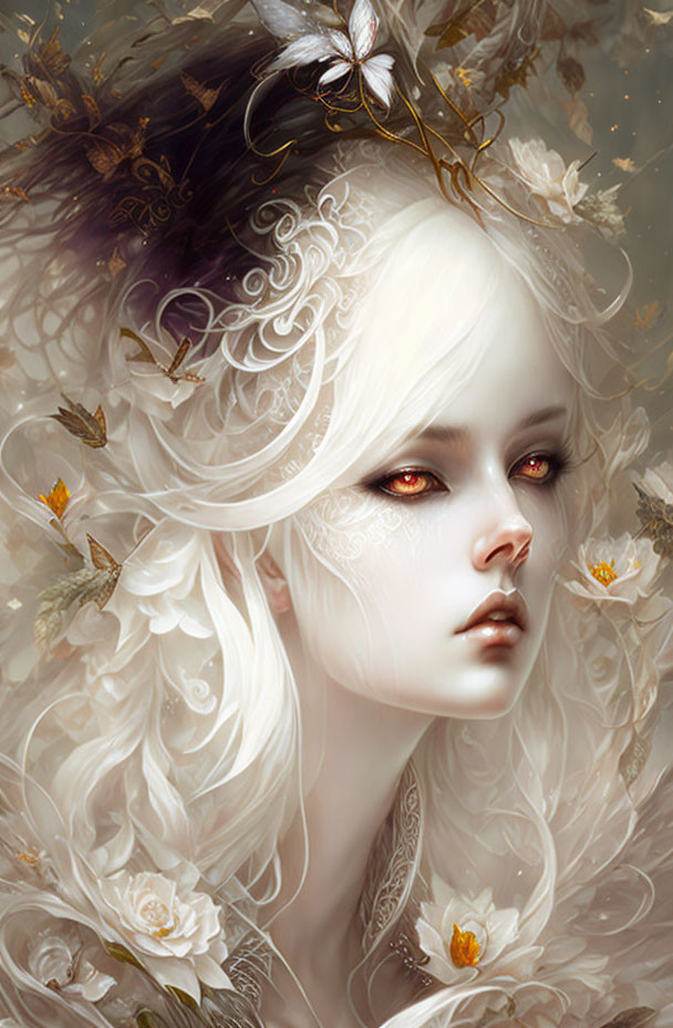 Ethereal woman with white hair, gold leaves, and butterflies