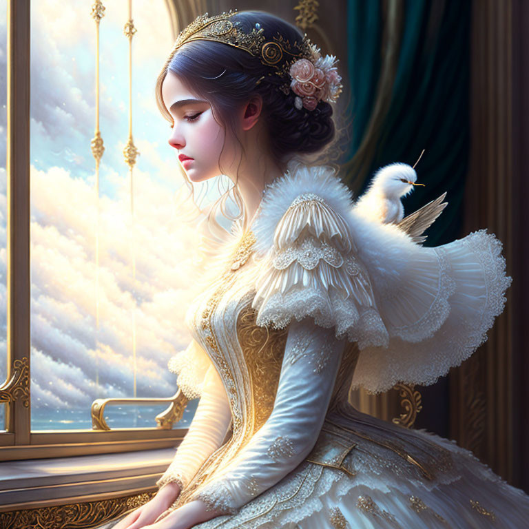 Regal lady in white and gold gown with bird, gazing out window at warm clouds