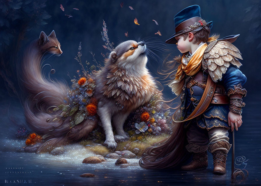 Child in ornate clothing meets fluffy cat-like creature in dark floral setting