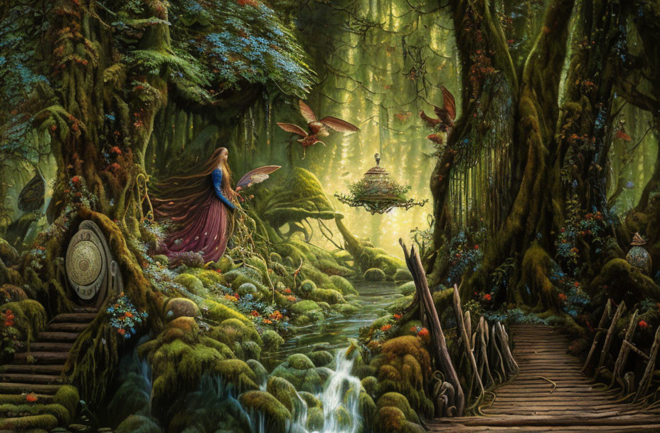 Enchanted forest with fairy, hummingbirds, waterfall, old bridge & magical light.