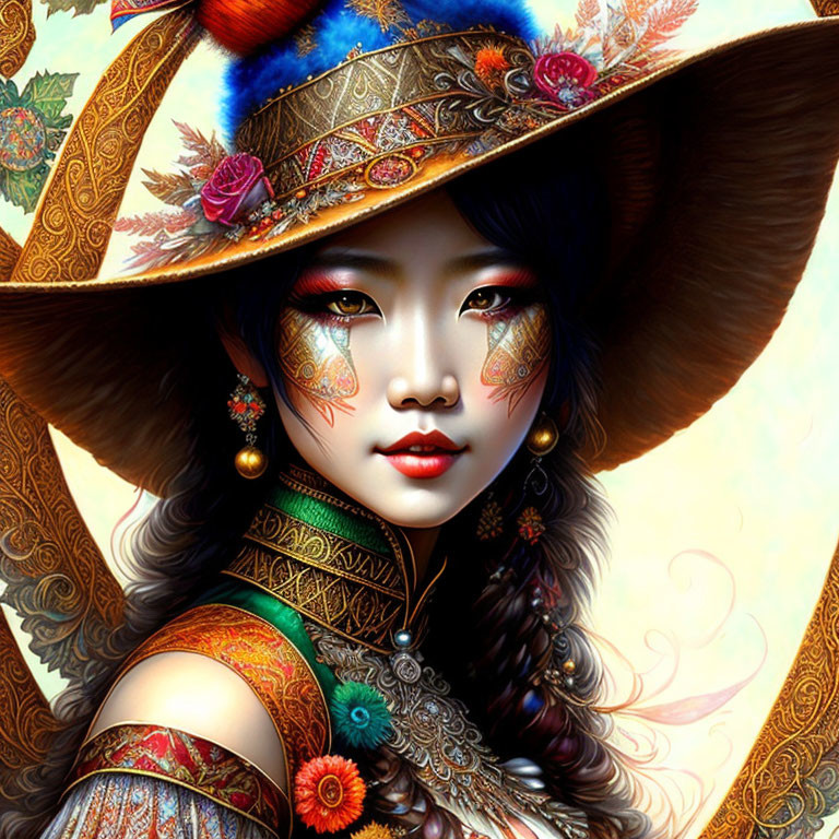 Vibrant flora and traditional attire in digital artwork