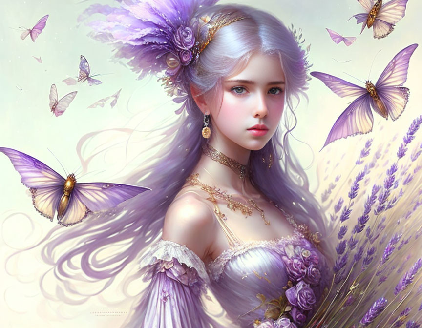 Fantasy illustration: Ethereal woman with purple flowers, butterflies, and gold jewelry