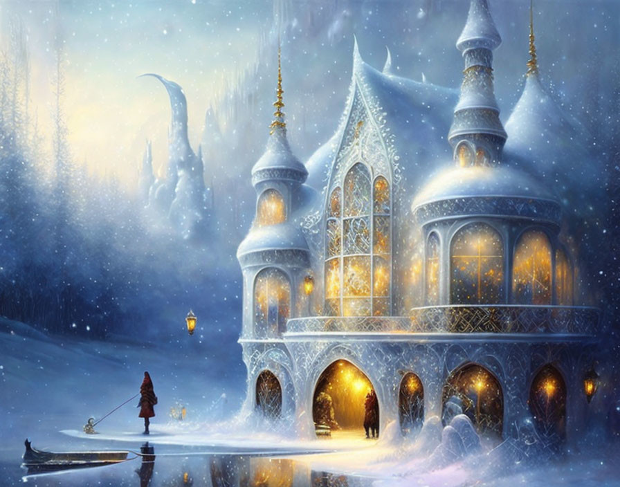 Enchanted winter palace at twilight with figure approaching snowy entrance