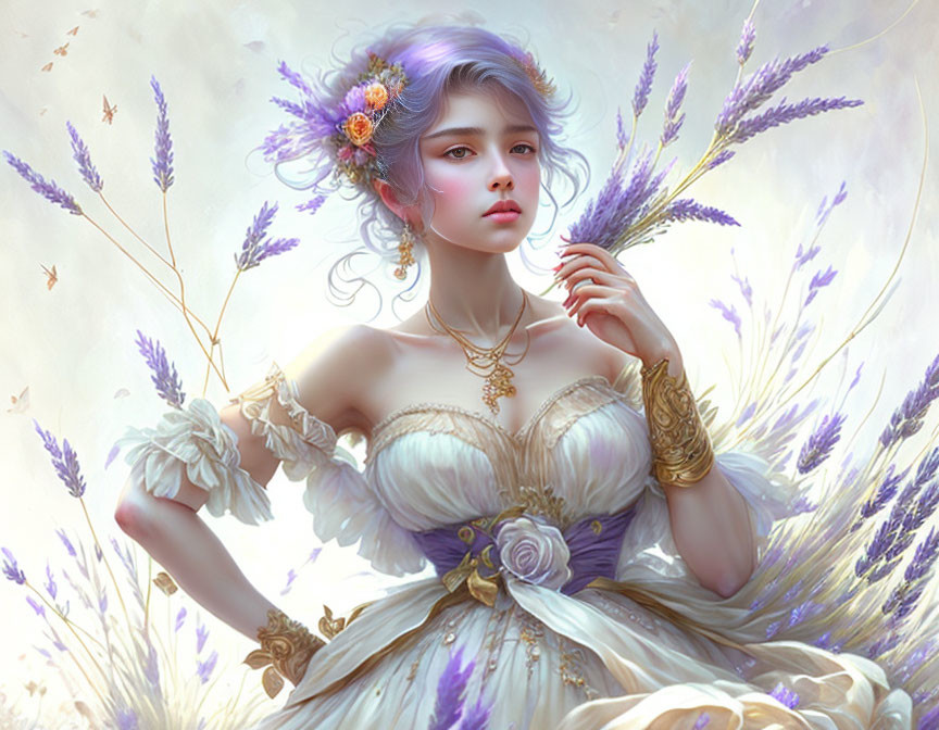 Fantasy illustration of woman with lavender hair in floral dress in lavender field