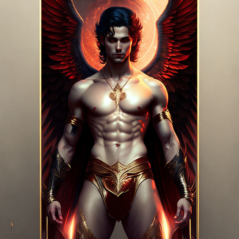 Muscular male figure with red wings, gold-trimmed armors, and cross necklace.