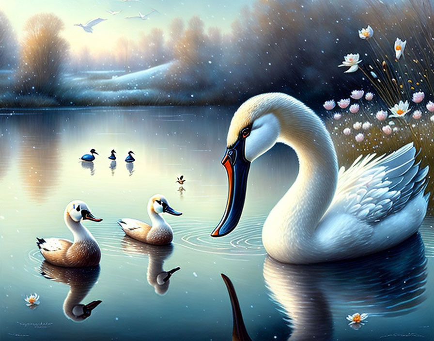 Tranquil lake with swan, ducks, flowers, and snowfall