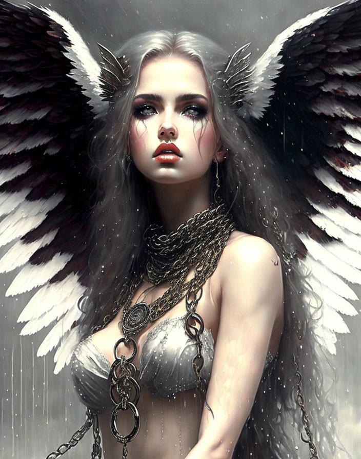 Digital Artwork: Female with Angelic Wings, Silver Attire, Chains, Vivid Makeup