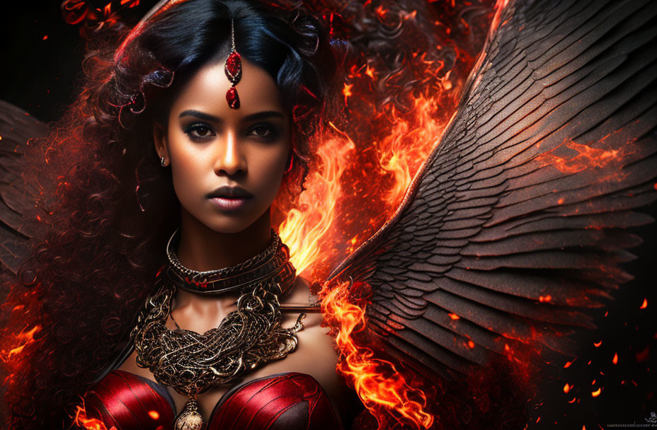 Dark-haired woman in red and gold jewelry with fiery wings and embers