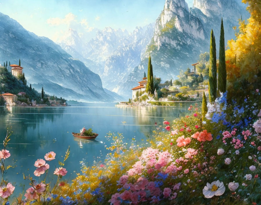 Scenic lake view with boat, mountains, flowers, and buildings under blue sky