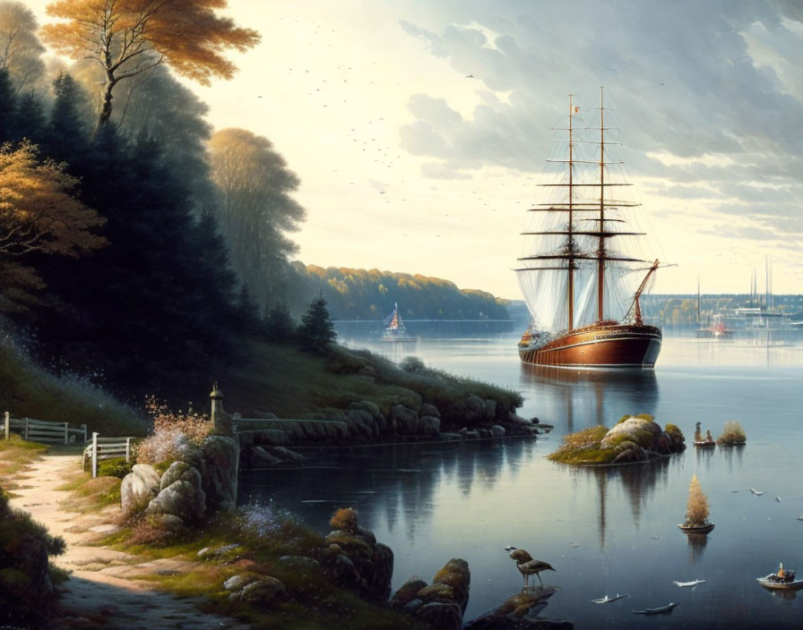 Tranquil painting of tall ship near wooded coastline